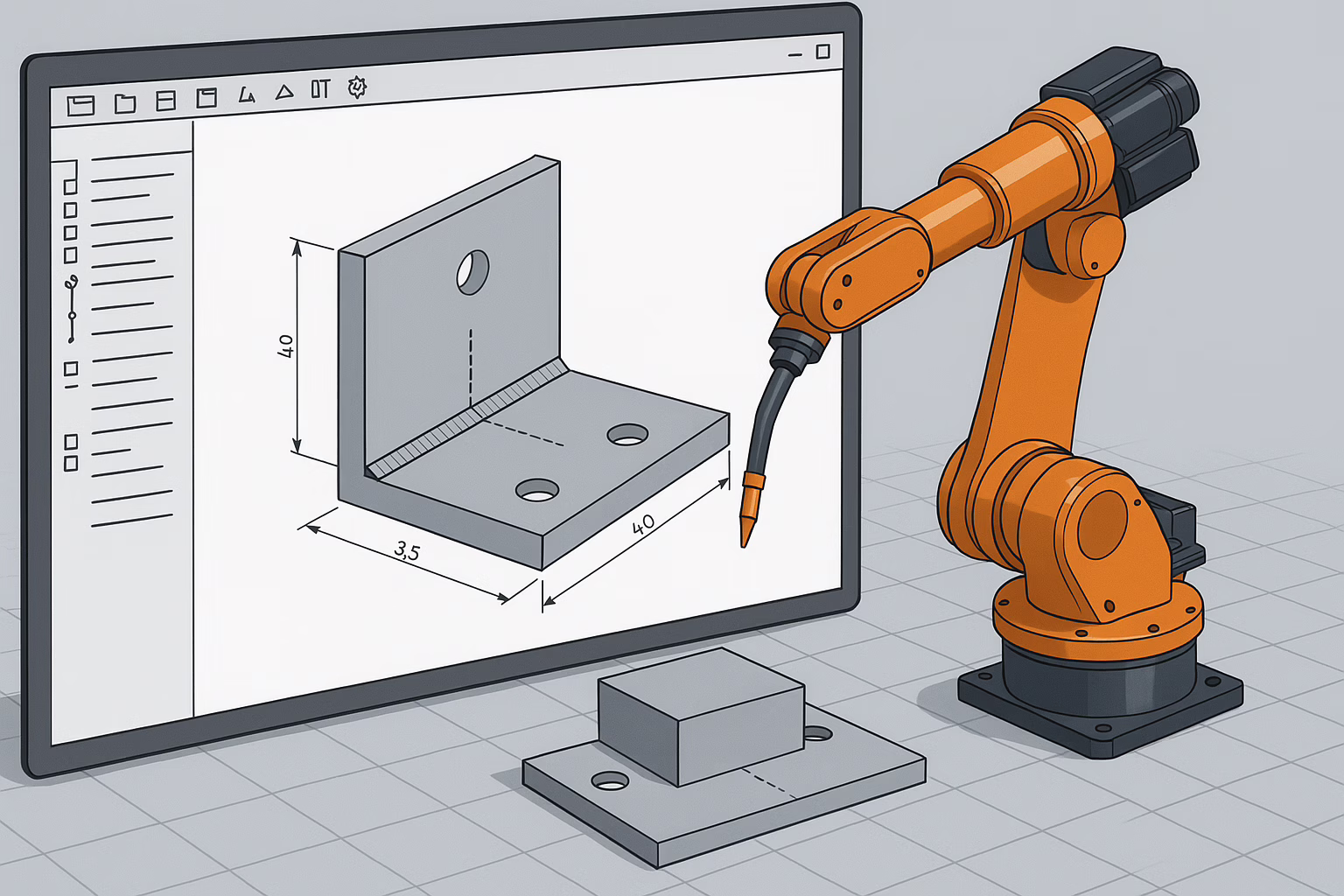 CAD-Zeichnung eines Bauteils mit Schweißnaht, daneben ein Industrieroboter mit Schweißbrenner